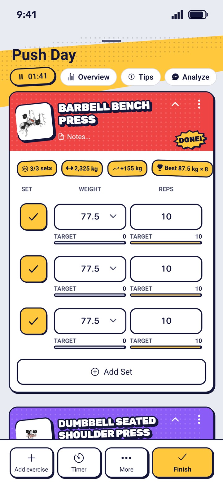 Workout Quest workout logger with sets, targets and a rest timer